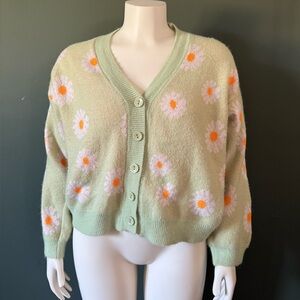 Large Floral Knit Cardigan Sweater - Green and Orange